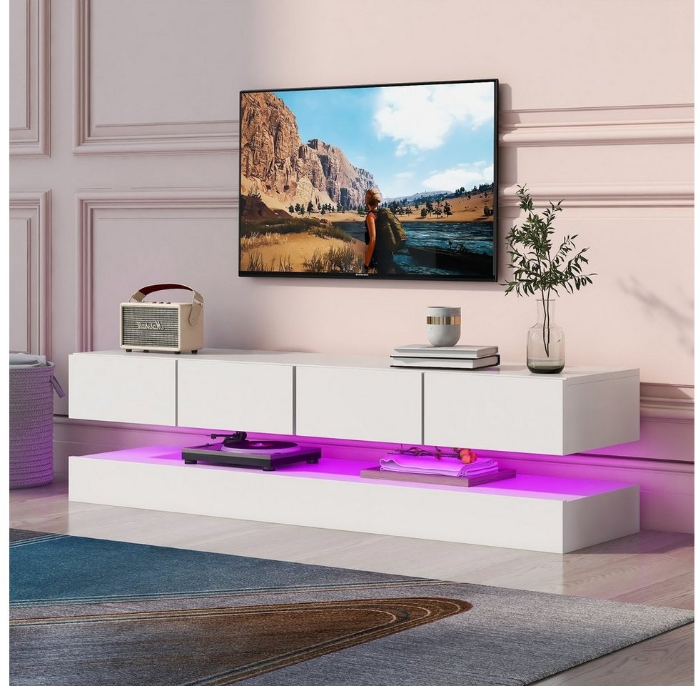 Sweiko Lowboard (wandmontierter TV-Lowboard mit offenem Fach und 4 Schubladen, TV-Schrank mit 16-farbiger LED-Beleuchtung und Fernbedienung), weiß, 130*33*15cm weiß
