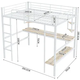 XDOVET Hochbett mit Schreibtisch 90 x 200 cm MDF weiß