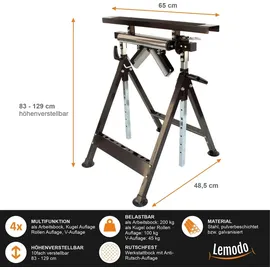 Lemodo Multifunktions Arbeitsbock, 4 Funktionen, Rollenbock, V- und Kugel-Auflage, klappbar, höhenverstellbar
