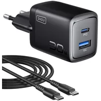 INIU 30W USB C Ladegerät, GaN Schnellladegerät mit 1,5m 60W Kabel, Dual-Port Netzteil mit intelligentem Geräteschutz für iPhone 17 16 Pro Max, iPad MacBook Air Galaxy S26 Pixel Xiaomi [2-Pack Schwarz]