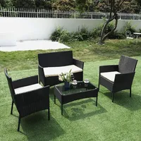 Bigzzia Gartenmöbel Set, Polyrattan Lounge Gartengarnitur 2x Sessel + 1x Doppelsitz-Sofa + 1x Tisch + 3x Kissen, Schwarz - Schwarz