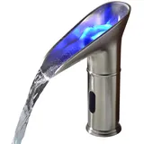 Gangang LED Wasserfall Wasserhahn mit Sensor Bad, Infrarot Automatisch Bassin Wasserhahn für Badezimmer Badarmatur, LED 3 Farbe ändert Sich mit Wassertemperatur (Messing, Gebürstet Nickel)