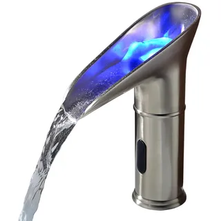 Gangang LED Wasserfall Wasserhahn mit Sensor Bad, Infrarot Automatisch Bassin Wasserhahn für Badezimmer Badarmatur, LED 3 Farbe ändert Sich mit Wassertemperatur (Messing, Gebürstet Nickel)