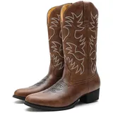 ANUFER Männer Stilvoll Gestickt Cowboy-Stiefel Western Absatz Spitze Zehe Slip-On Stiefel Mit Mittlerer Wade Braun SN071164 EU40 - 40 EU