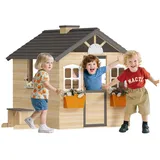 Outsunny Spielhaus für Kinder aus Holz, Gartenspielhaus mit Fenster und Briefkasten, Blumentopfrack, ideal für 3-7 Jahre Aosom.de
