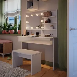 Vicco Schminktisch Azur Weiß/Weiß Hochglanz, 120 cm mit Spiegelregal, Bank & LED-Beleuchtung