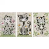 Vervaco Gezählter Kreuzstich Stickpackungen DIY Stickbilder Katzen mit Blumen 3er Wanddekoration Handarbeit Set für Erwachsene Zählmusterpackung ca. 8 x 12 cm Kreuzstichbilder Set Hausdeko