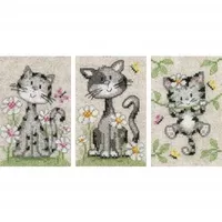 Vervaco Gezählter Kreuzstich Stickpackungen DIY Stickbilder Katzen mit Blumen 3er Wanddekoration Handarbeit Set für Erwachsene Zählmusterpackung ca. 8 x 12 cm Kreuzstichbilder Set Hausdeko