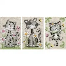 Vervaco Gezählter Kreuzstich Stickpackungen DIY Stickbilder Katzen mit Blumen 3er Wanddekoration Handarbeit Set für Erwachsene Zählmusterpackung ca. 8 x 12 cm Kreuzstichbilder Set Hausdeko