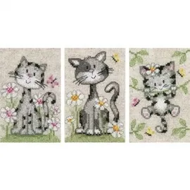 Vervaco Gezählter Kreuzstich Stickpackungen DIY Stickbilder Katzen mit Blumen 3er Wanddekoration Handarbeit Set für Erwachsene Zählmusterpackung ca. 8 x 12 cm Kreuzstichbilder Set Hausdeko