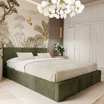 Muralo Polsterbett für Schlafzimmer Polsterbett mit Bettkasten und Gasdruckfeder Bett mit Polsterkopfteil Doppelbett 140x200 Bett mit Stauraum Khaki