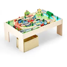 Vevor Holz Aktivitätstisch, 84-teilig, mit zusammenklappbarem Aufbewahrungsbehälter, 3-in-1-Eisenbahnset zum Spielen, Malen, Lesen, Essen, kreatives Spielzeugset für Kinder ab 3 Jahren
