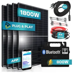 SUNNIVA® 1800W Balkonkraftwerk 800W komplett Steckdose - Astro Energy 800W Wechselrichter - PV Solaranlage Komplettset - 4x 450W (1800W) Solarmodule - inkl. 5m Kabel - Bluetooth, WIFI