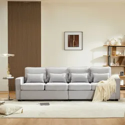 Merax 4-Sitzer-Sofa aus Leinenstoff, mit Armlehnentaschen und 4 Kissen, Sofa im einfachen Stil, geeignet für Wohnzimmer, Wohnung und Büro, grau