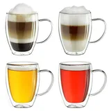 Creano doppelwandiges Thermoglas mit Henkel 400ml, großes Doppelwandglas aus Borosilikatglas, Kaffeegläser, Teegläser, Latte Gläser 4er Set