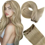 Hetto Echthaar Tressen zum Einnähen Blond 55cm 100g Haartressen Echthaar zum Einnähen Lang Weave Extensions Haar Extensions Echthaar Tressen Aschenblond Highlights hellblond Gesträhnt #17/23