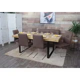Mendler Esszimmer-Set HWC-H70, Esszimmergruppe Sitzgruppe Esszimmergarnitur, Stoff/Textil Edelstahl gebürstet braun 160cm