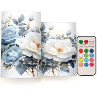 Mnsruu Flackernde flammenlose Kerzen Blau Weiß Blume LED Kerzen mit Fernbedienung Timer 2er Set Batteriebetriebene Kerze Heimdekoration