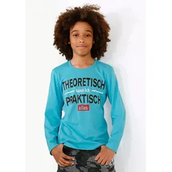 Langarmshirt KIDSWORLD "THEORETISCH KANN ICH PRAKTISCH ALLES", Jungen, Gr. 164/170, blau (türkis), Jersey, Obermaterial: 100% Baumwolle, modisch, Basic, Langarm, Shirts, Langarm, Basic-Passform, mit stylischem Druck, aus Baumwolle