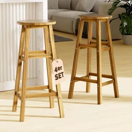 CASARIA CASARIA® 4er Set Holz Akazie Outdoor 75cm Sitzhöhe Fußstütze 150kg Belastbarkeit Massiv Rund Rustikal Garten Küche Bar Stuhl Hocker Braun