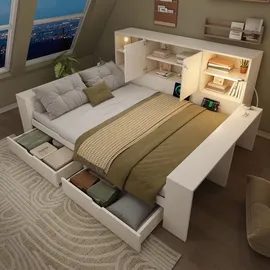 stilvora Stauraumbett 140x200 cm mit Schubladen und Stauraum, Tagesbett mit Doppeltüren aus Holz und USB/USB-C Anschlüssen, Jugendbett platzspare... - Weiß