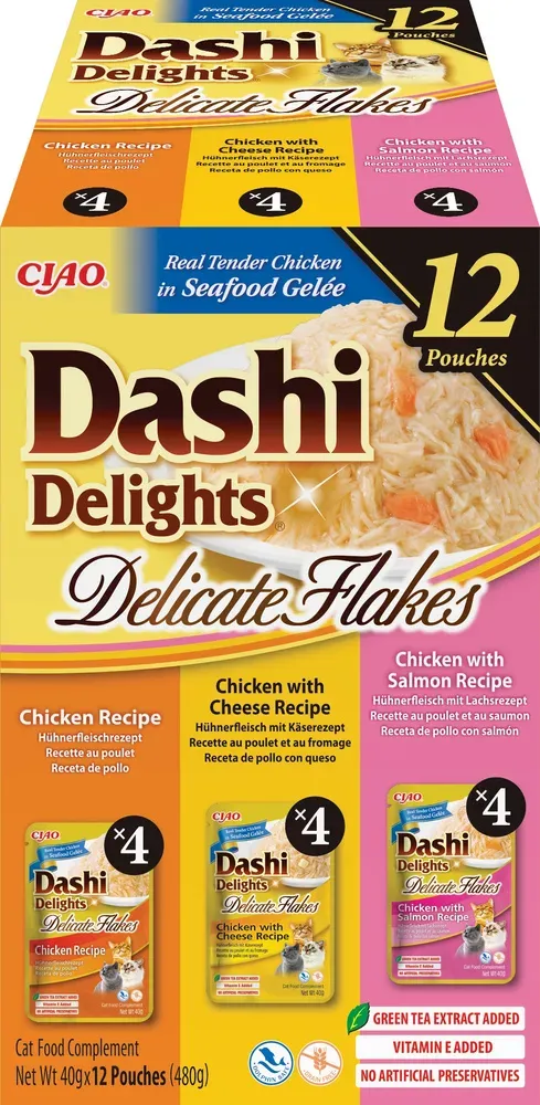 INABA Ciao Dashi Delights Delicate Flakes – Ergänzungsfuttermittel für Katzen mit den Geschmacksrichtungen Huhn, Huhn und Käse sowie Huhn und Lachs, 12 x 40 g