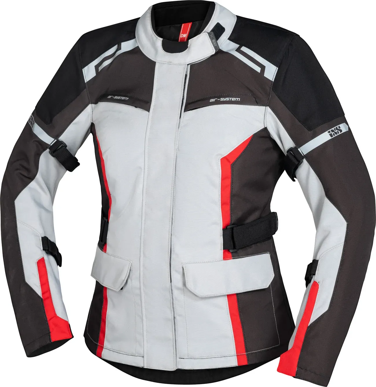 IXS Evans-ST 2.0, veste textile imperméable pour femmes - Gris Clair/Noir/Gris Foncé/Rouge - M