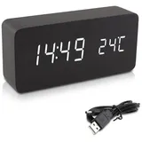 kwmobile Wecker Uhr in Holzoptik digital - Digitalwecker Anzeige von Uhrzeit Temperatur Datum - Alarm Clock mit USB Kabel in Schwarz mit weißen LEDs