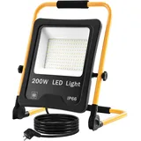UISEBRT LED Baustrahler 200W Warmweiß inkl. Standgestell und Netzkabel - LED Fluter Arbeitsscheinwerfer Wasserdicht IP66 für Innen-und Außenbereich - Garage, Garten, Sportplatz, Baustelle