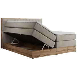 MKS Meble King Boxspringbett 180x200 mit Bettkasten Eiche, Polsterbett 180x200 mit Matratze H3, Bett 180x200 mit Kopfteil, Bett mit Holzrahmen in W... - Beige