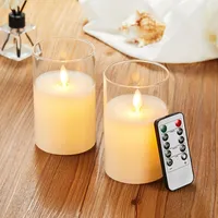 LED Kerzen Set [2 Stück] Flackernde Flammenlose Echtwachssäule mit Glas, Fernbedienung und 24 Stunden Timer (12.5cm-Weiß), Batteriebetrieben