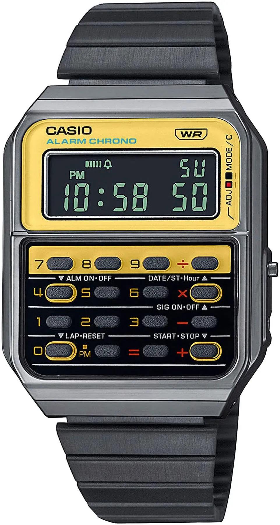 Chronograph CASIO VINTAGE Armbanduhren schwarz (schwarz, schwarz, gelb) Damen Quarzuhren Quarzuhr, Armbanduhr, Damen, Herren, retro, Taschenrechner, digital