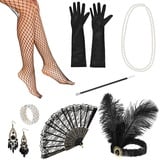 Balinco 1920 Set, Perlenarmband, Perlenkette, Handschuhe Schwarz, Flapper-Kopfschmuck Haarbandband, Fächer, Ohrringe, Netzstrumpfhose, Zigarettenhalter, Halloween Kostüm Damen, 20er Jahre Accessoires