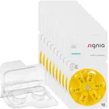 60 Siemens Signia Hörgerätebatterien PR70 gelb 10 + Transportbox für 2 Zellen