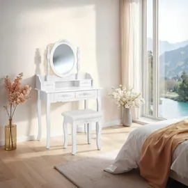 Tectake tectake® Schminktisch, im Antik-Look, mit gepolstertem Hocker, 4 Schubladen, 75 x 40 x 143 cm