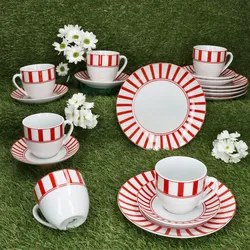 18tlg Kaffeeservice Split rot Porzellan 6 Pers. Tasse Untertasse Teller Streifen