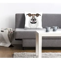 Dekokissen QUEENCE "Paul", braun (weiß, braun, bedruckt), B:40cm L:40cm, Polyester, Dekokissen_Sitzkissen_Kissenhüllen, mit einem augenzuhaltenden Hund