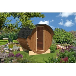 Finn Art Blockhaus Fasssauna Ove 5, 42 mm, Schindeln grün, Outdoor Gartensauna, mit Holz Ofen, Bausatz grün