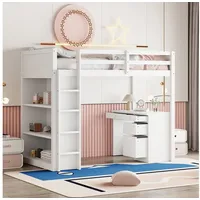 Merax Hochbett (multifunktionales Holzbett) Kinderbett 90x200cm mit Aufbewahrungsschränken,Schreibtisch&Schubladen weiß