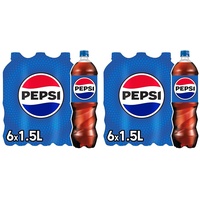 Pepsi Cola, Das Original von Pepsi, Koffeinhaltige Cola in Flaschen aus 100% recyceltem Material, EINWEG (6 x 1.5 l) (Verpackungsdesign kann abweichen) (Packung mit 2)