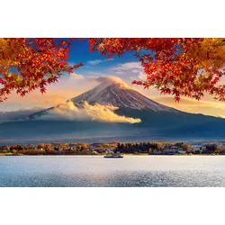 Fototapete PAPERMOON "FUJI BERG-JAPAN GEBIRGE WALD SEE WOLKEN SONNE VULKAN", bunt, B:5,00m L:2,80m, Vlies, Tapeten