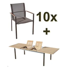 ASS Altenburger Gartengarnitur Edelstahl Batyline A-Grade Teak Set Ausziehtisch 200-240-280 x 100 cm + 10 Sessel mit Batyline Bespannung Serie KUBA-BRA...