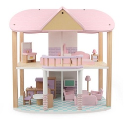 Coemo Puppenhaus, (möbliertes Puppenhaus Holz, 24-tlg), Puppenhaus Puppenstube aus Holz, komplett mit Möbel und Zubehör beige|rosa