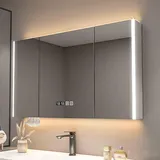 Generisch Moderner Medizinschrank mit LED-Beleuchtung. Großer Medizinschrank für das Badezimmer mit Spiegel, beschlagfreier Tür und Stauraum. Beleuchteter Medizinschrank für stilvolle Aufbewahrung im