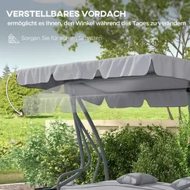 Outsunny Hollywoodschaukel mit Liegefunktion, 3-Sitzer Gartenschaukel mit Verstellbarem Dach, Beistelltisch, wasserabweisender Schaukelbank belastbar bis 340kg, für Garten, 200x120x164cm, Hellgrau