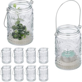 Relaxdays Windlicht, 12er Set, Glas mit Henkel, innen & außen, 10,5 x 7 cm, Hochzeit Teelichthalter, transparent/Silber