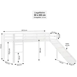 Homestyle4u Hochbett 90 x 200 cm Kiefer massiv weiß grau