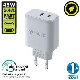 Muvit for Change Wandladegerät 1 USB-C PD 45 W + 1 USB-C PD 20 W Weiß