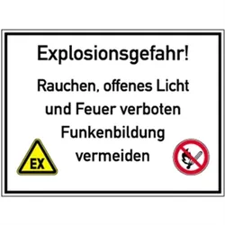 Schild Explosionsgefahr! Rauchen, offenes Licht und Feuer ..., Kunststoff, 400x300 mm