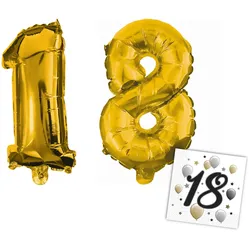 Procos - Folienballons - Zahlen 1 & 8 für 18. Geburtstag (33cm, gold) + Servietten »18«